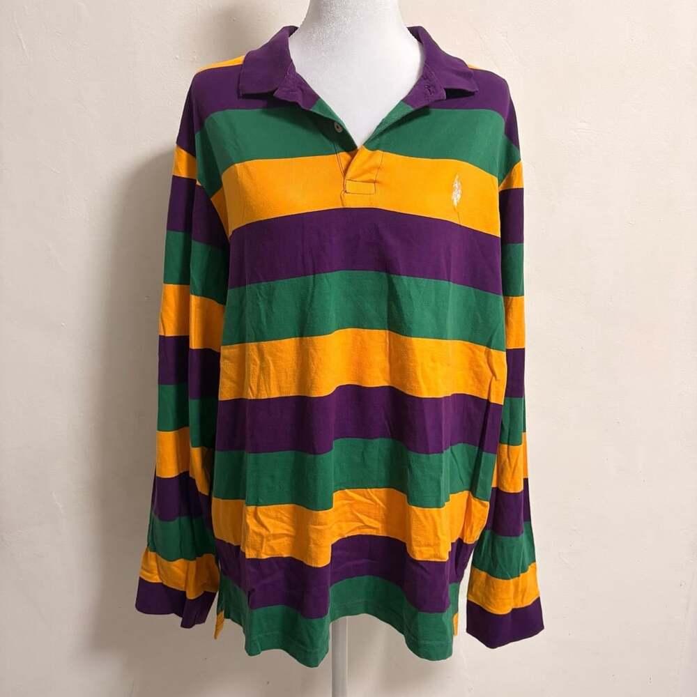 U.S. Polo Assn. Men's Long Sleeve Striped Mardi Gras Polo Rugby Shirt Size XL